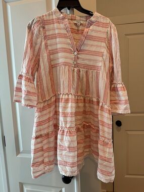 Fate Cream and Pink Striped Tiered Casual Dress